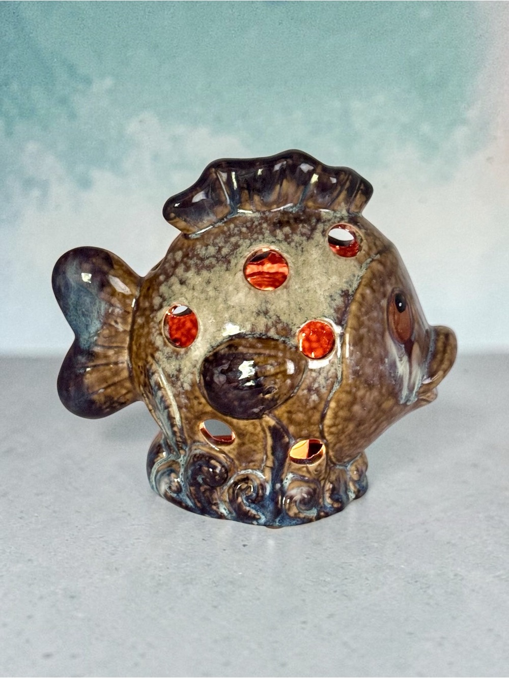 Ceramic Fish Luminary Candle Holder Art Pottery Drip Glazed Tea Light Coastal 8”